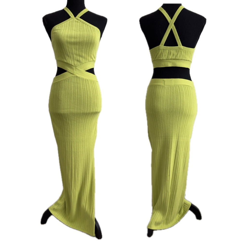 Runaway Chartreuse Green Cut Out Textured Knit Dress S - Picture 3 of 10